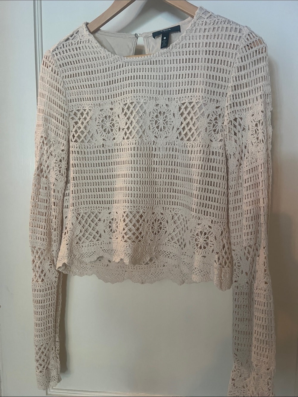 Aqua Cream Crochet Lace Long-Sleeve Blouse